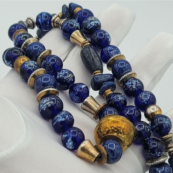 Necklace Blue Glass Beads & Metal Beads Bohemian Handmade Necklace #442 - Picture 12 of 15
